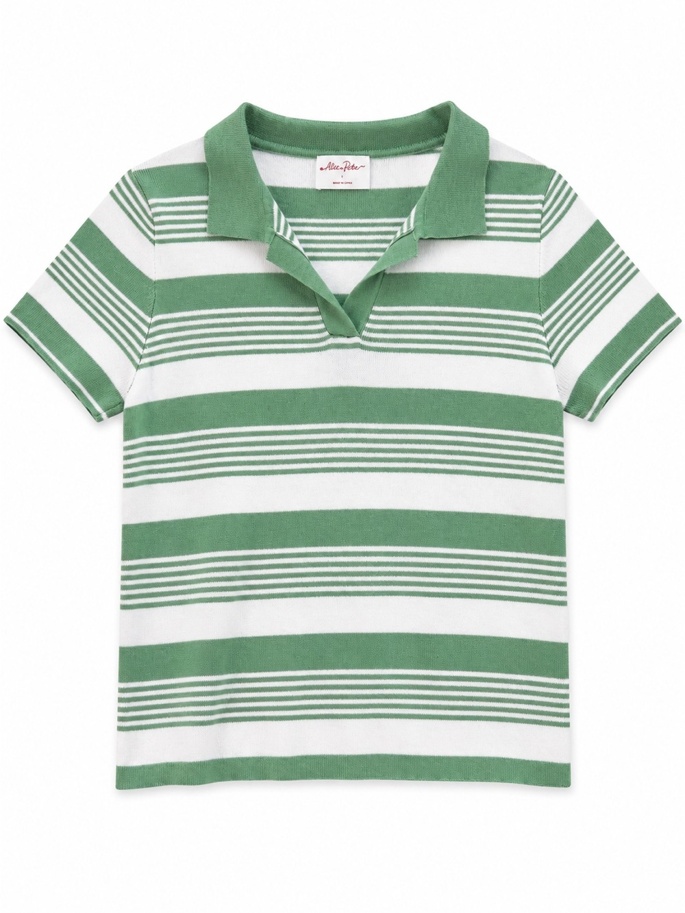 Allie Rose Polo Shirt green off- white stripe knit size L